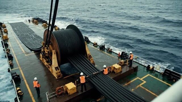 Workers oversee a large subsea cable spool on a ship deck