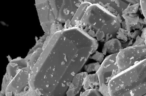 Microscopic view of angular ceramic-like particles and debris